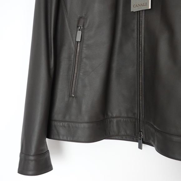 New with Tags Canali Matte Leather Biker/Bomber Jacket Size 52 Italy=US L - Picture 3 of 14